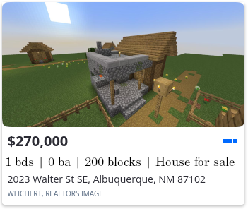 a joke listing on zillow featuring a villager house from minecraft